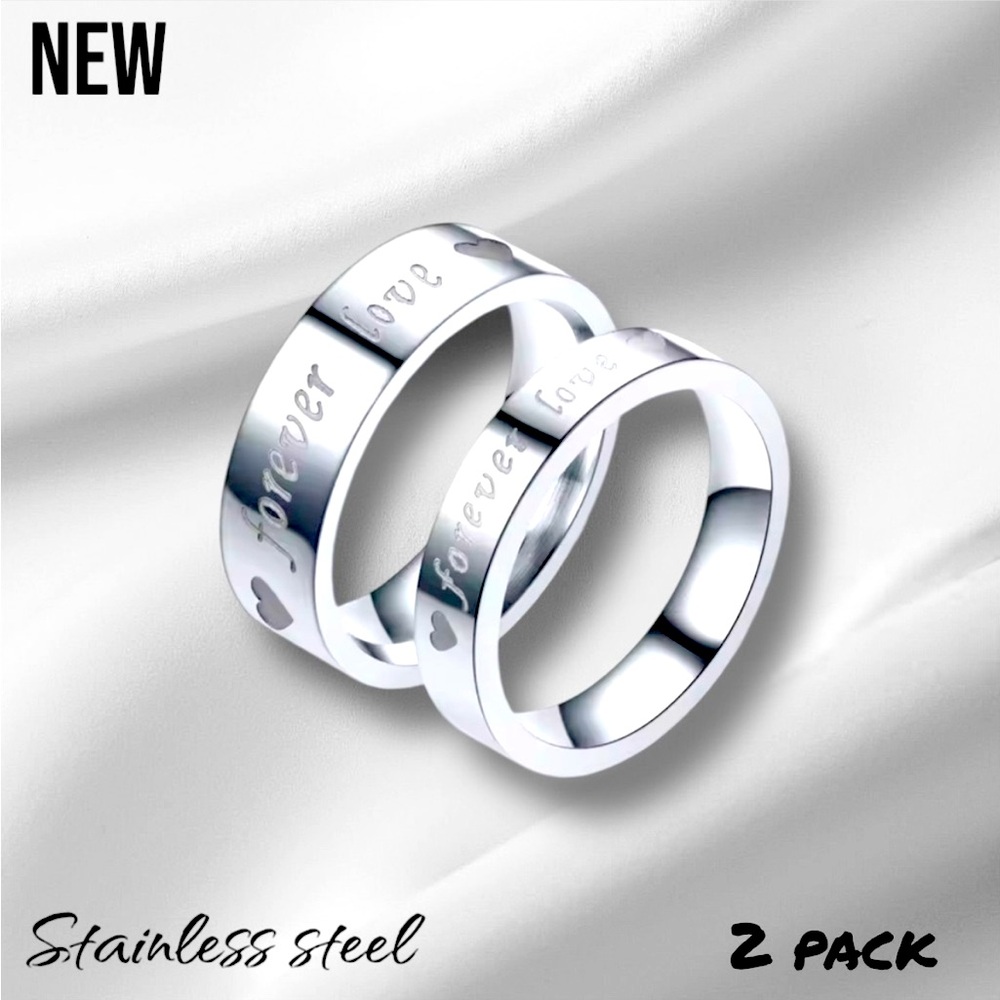NWT Silver 2 Ring Set *Forever Love* Stainless Steel Band Rings